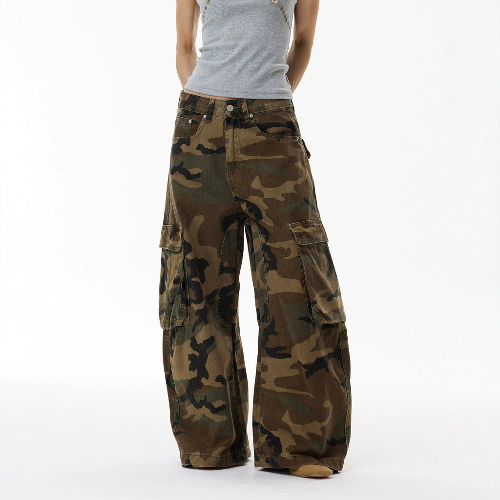 Vintage Street Washed Pocket Knife Camouflage Cargo Pants Men's INS Fashion Wide Leg Jeans Long Pants