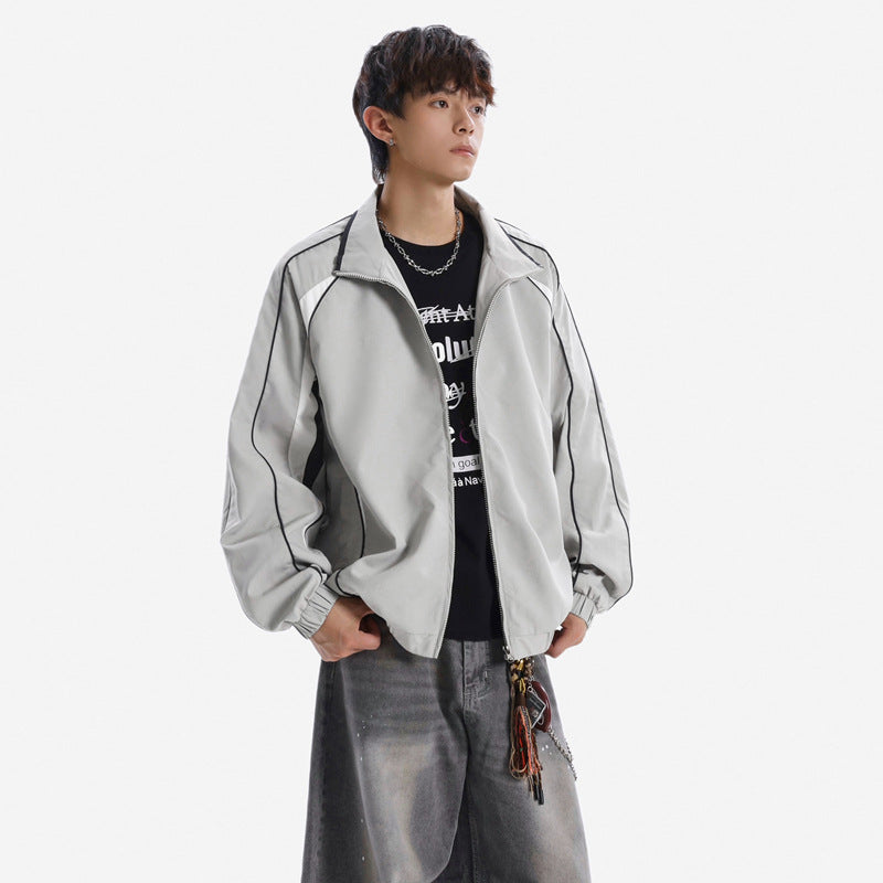 Retro Streetwear Patchwork Stand Collar Sports Jacket for Men and Women, Autumn Loose Fit Couple's Versatile Casual Water-Repellent Jacket