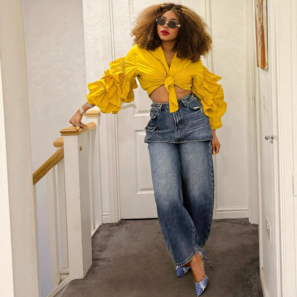 Women's fake skirt jeans women's fashion personality splicing high waist short skirt straight leg pants
