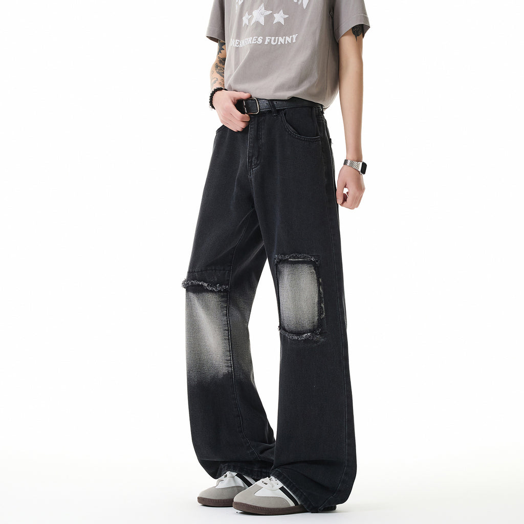 Street Style Light Gray and Charcoal Black Ripped Jeans for Men
