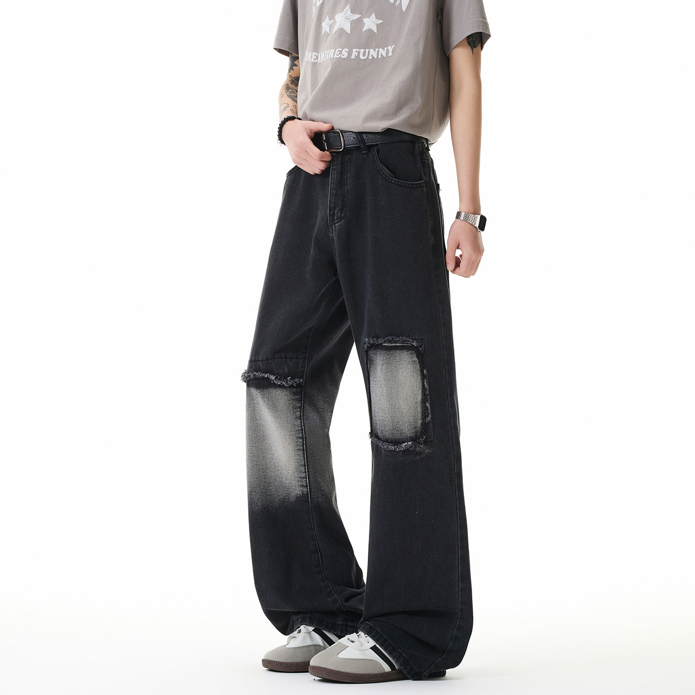 Street Style Light Gray and Charcoal Black Ripped Jeans for Men