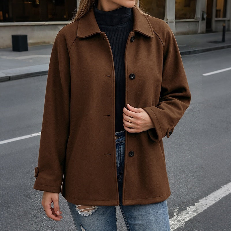 Solid color lapel buckle mid length jacket for women