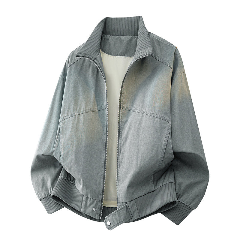 Men's Rugged Style Dark Blue Long Sleeve Zipper Stand Collar Regular Fit Jacket