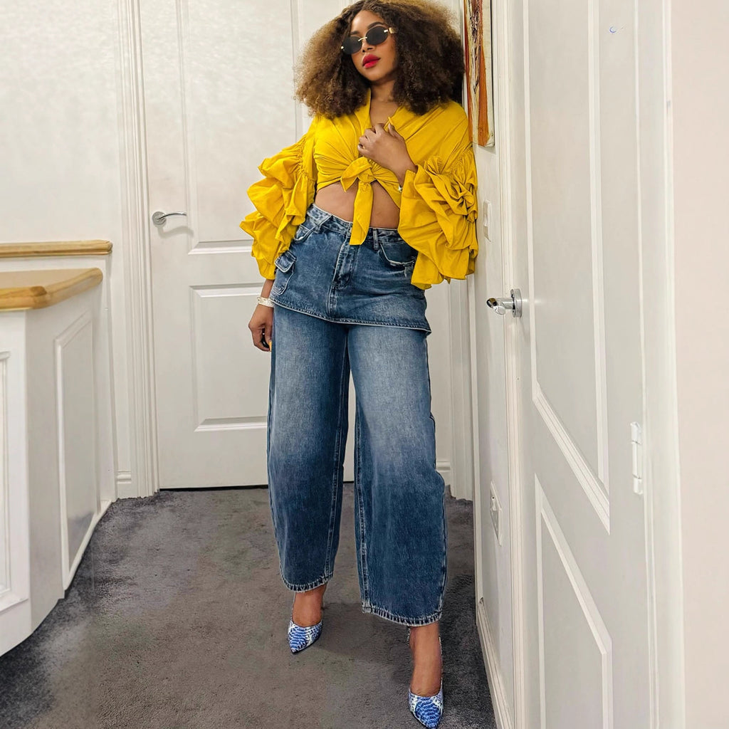 Women's fake skirt jeans women's fashion personality splicing high waist short skirt straight leg pants
