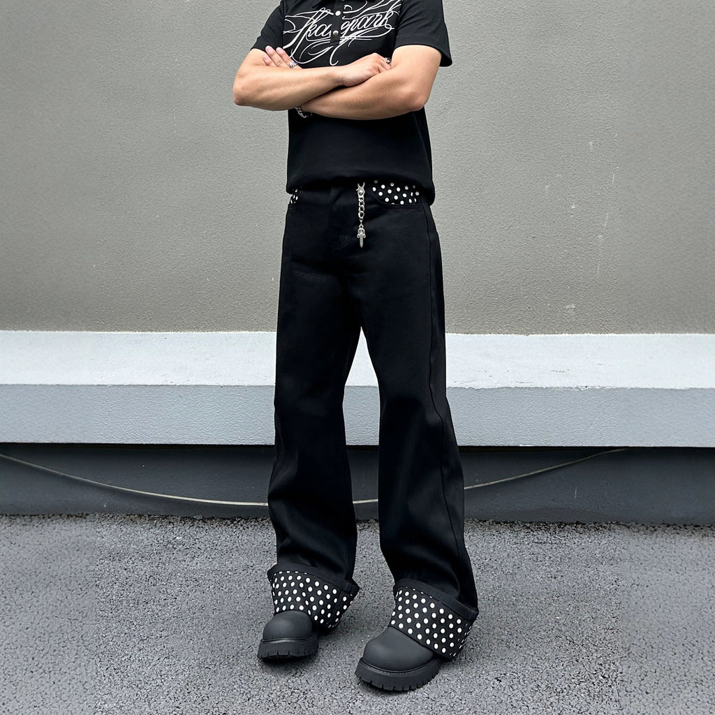 Fashion Cuffed Polka Dot Black Straight Leg Jeans Men's Light Asian Style Loose Slimming Clean Fit Pants