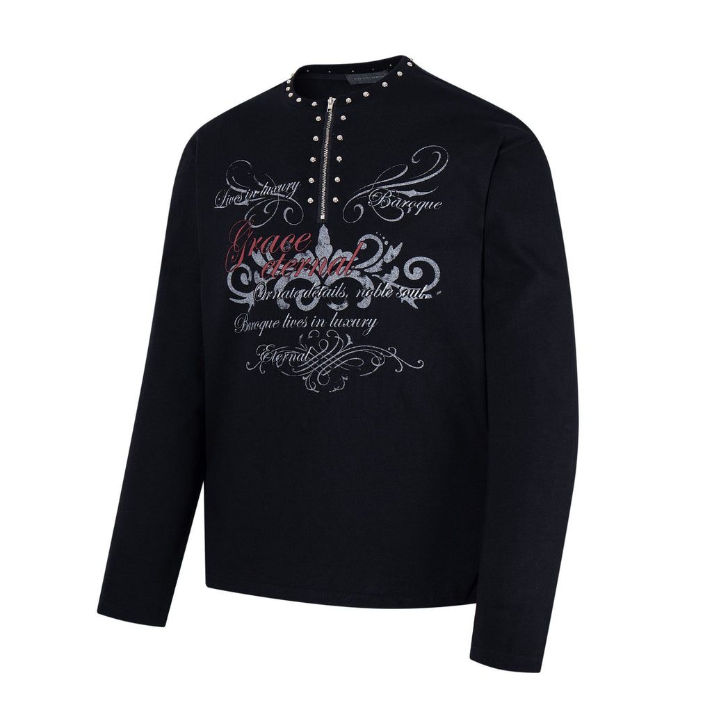 Light punk rivet half zipper long sleeved t-shirt