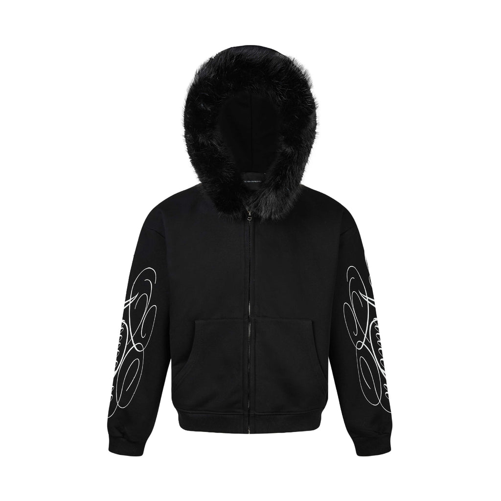 Script Print Cropped Long Sleeve Fur Trim Hood Zip-up Sweatshirt