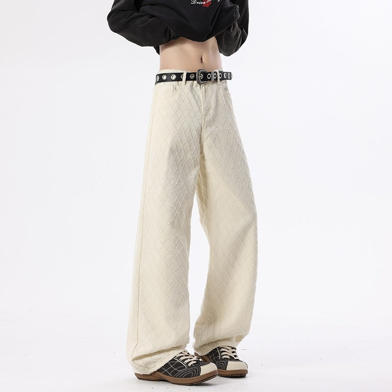 Casual Straight Leg Jeans for Men, White Checkered Denim Pants