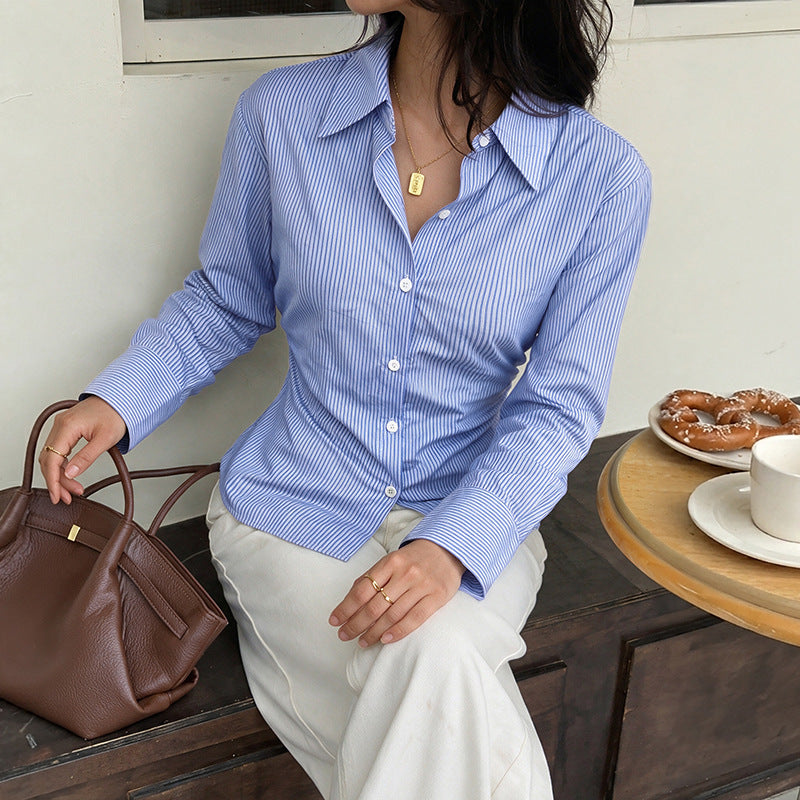 Collar striped back cross strap waist cinching shirt for women