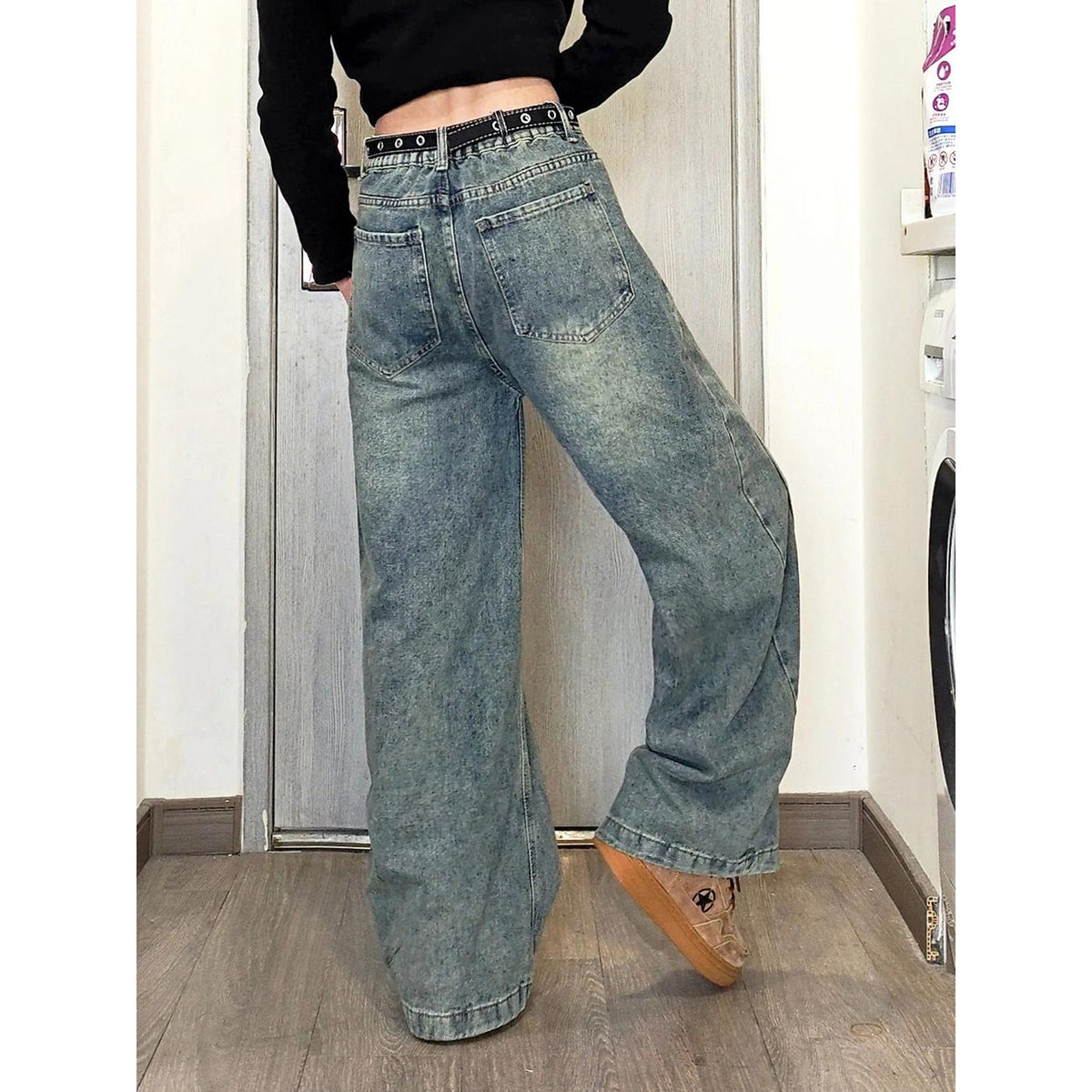 Retro Blue Patchwork Gradient Knife-Edge Jeans
