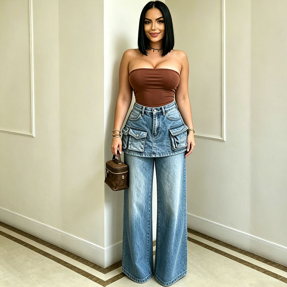 High-Waisted Wide-Leg Jeans for Women, Fashionable Multi-Pocket Faux Two-Piece Pants Skirt