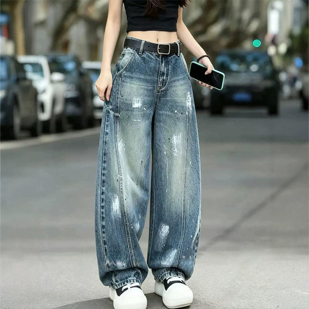Graffiti Print Knife-Edge Denim Pants Women High Waist Slimming Design Loose Wide Leg Long Pants