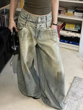 Vintage Distressed Mud-Dyed Double Waistband Curved Knife Jeans Unisex High Street Loose Versatile Casual Wide Leg Pants