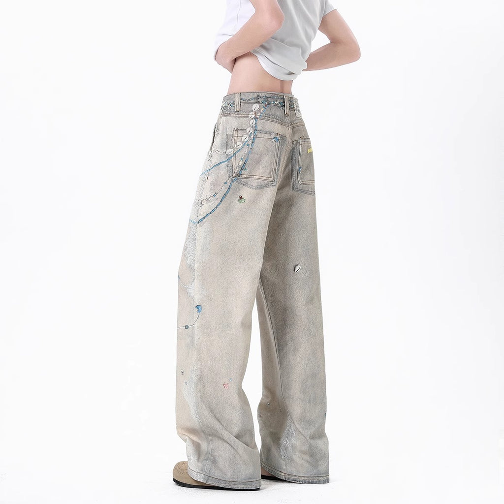 Chains Lace Print Denim Pants Men Summer Splatter Design Distressed Straight Leg Slim Fit Versatile Wide Leg Floor Length Trousers