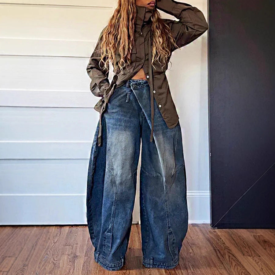 Retro Distressed Washed Reversed Waist Women's Jeans