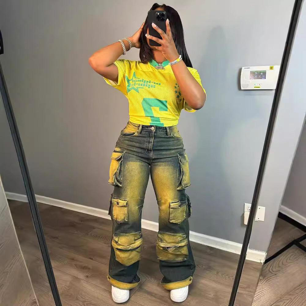Women's Straight Leg Jeans, High Waist Utility Pants with Multiple Pockets Fashionable and Unique Design