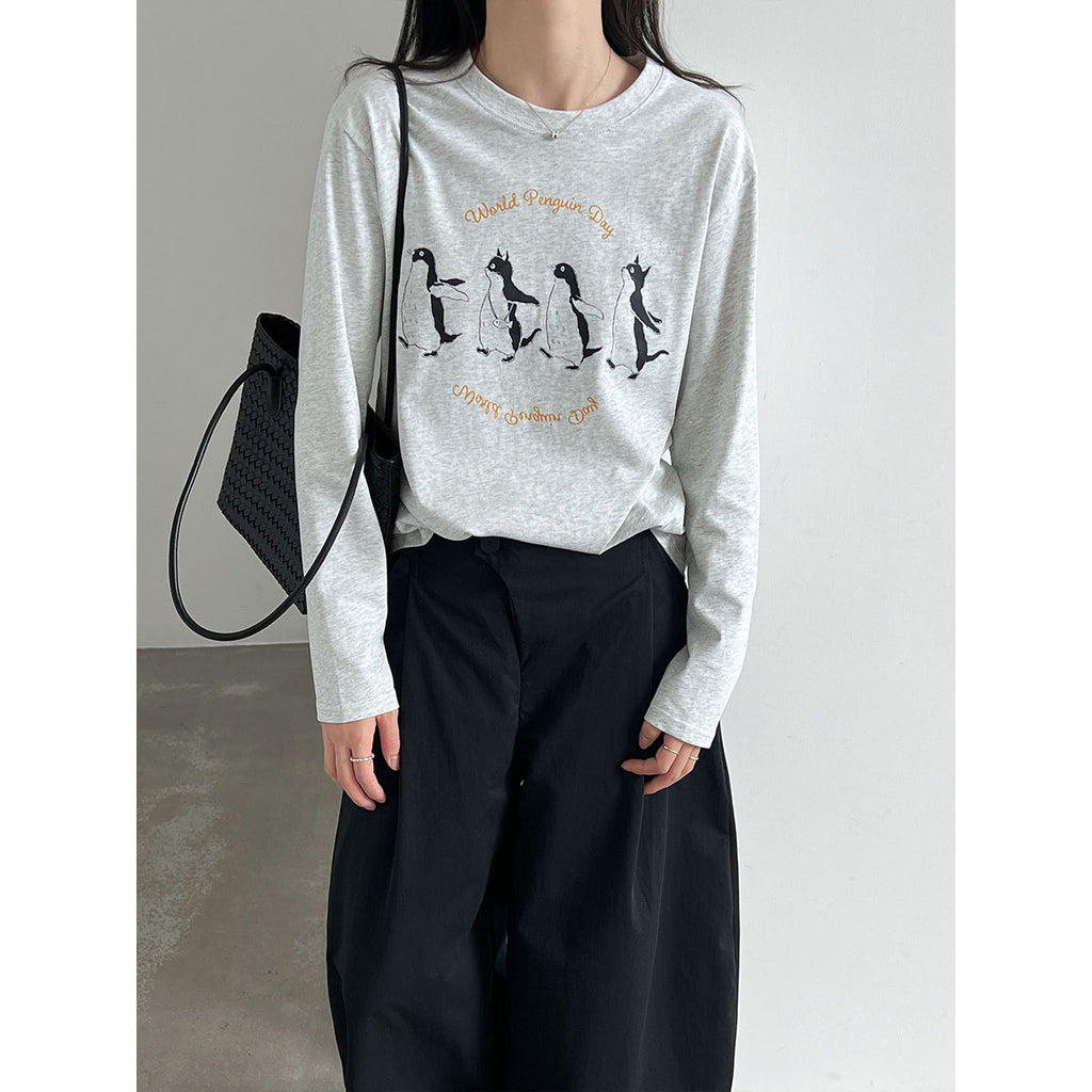 Round Neck Cartoon Print Long Sleeve Inner T-Shirt for Women Casual Simple Top