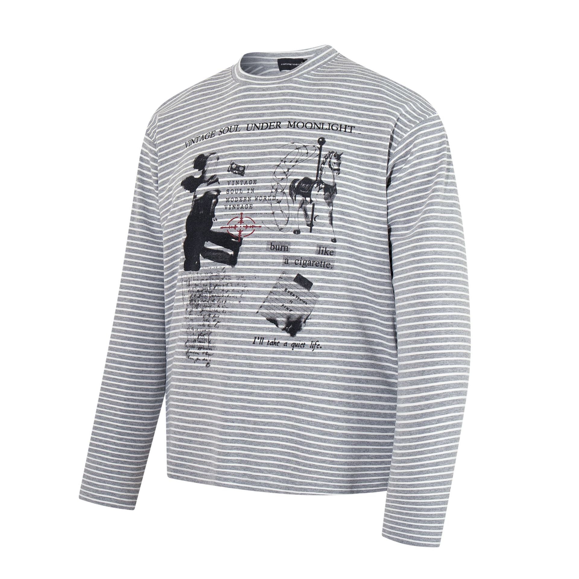 Retro portrait printed striped long sleeved T-shirt