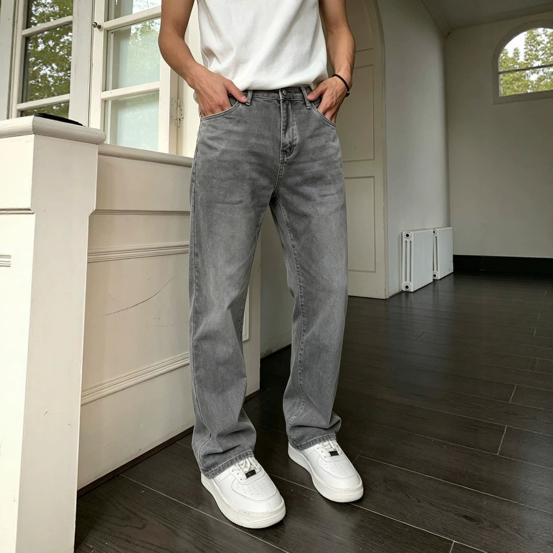 Casual Washed Gray Denim Pants for Men, Comfortable Everyday Workwear, Vintage Style, Relaxed Fit, Fashionable Summer Bottoms