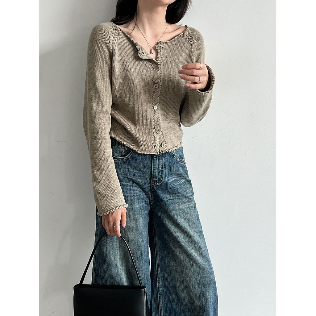Edge Round Neck Knit Cardigan Women Versatile Minimalist Sweater Short Top