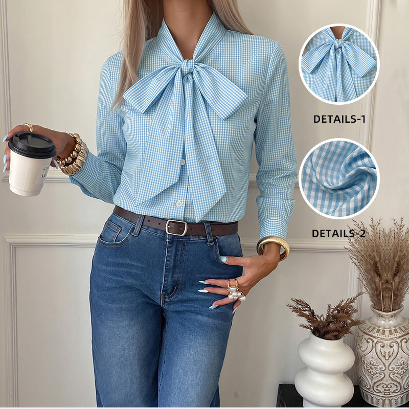 Plaid bow collar long sleeved shirt
