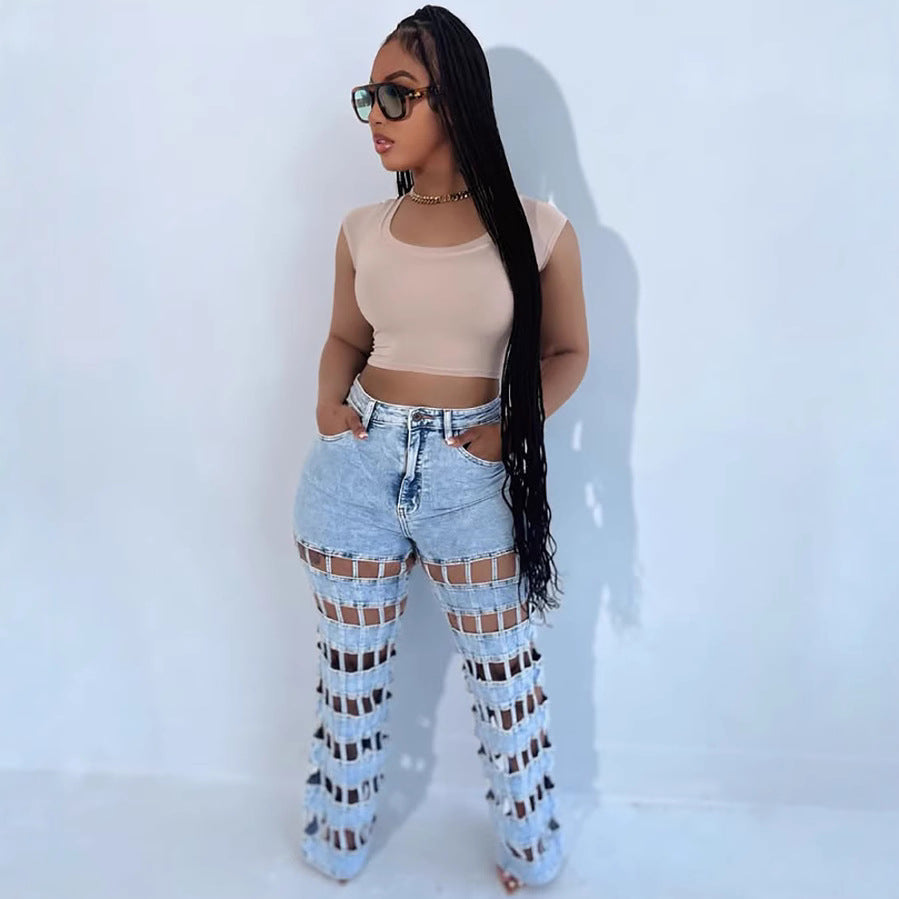Ripped Women's Jeans, High-Waisted Straight Leg Denim Pants, Street Style Hollow Out Fashion