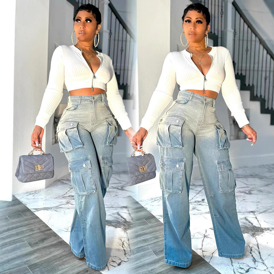 Jeans for women, high-waisted wide-leg pants with multiple pockets and gradient color