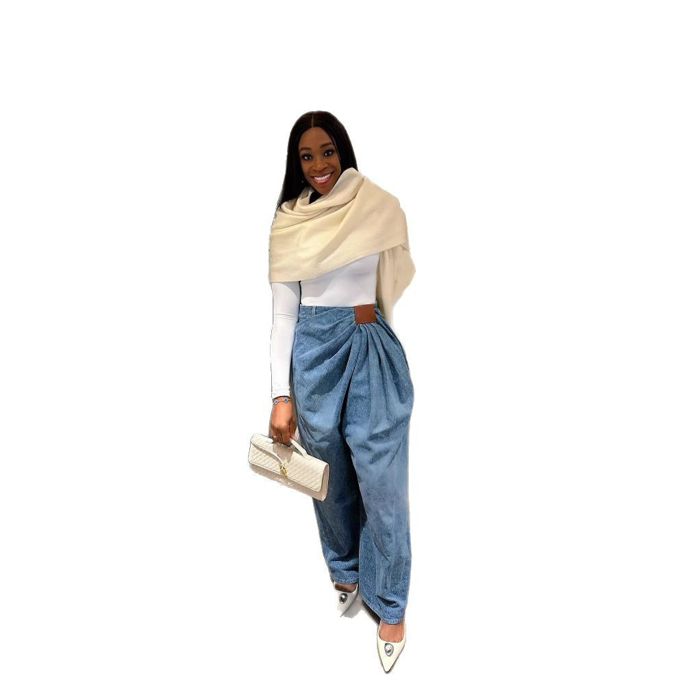 Street Style High-Waisted Wide-Leg Washed Denim Pants for Women