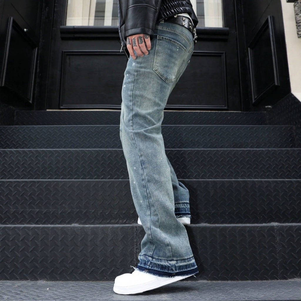 Retro Summer Washed Denim Pants for Men with Distressed Splatter Design, Fashionable Casual Trousers