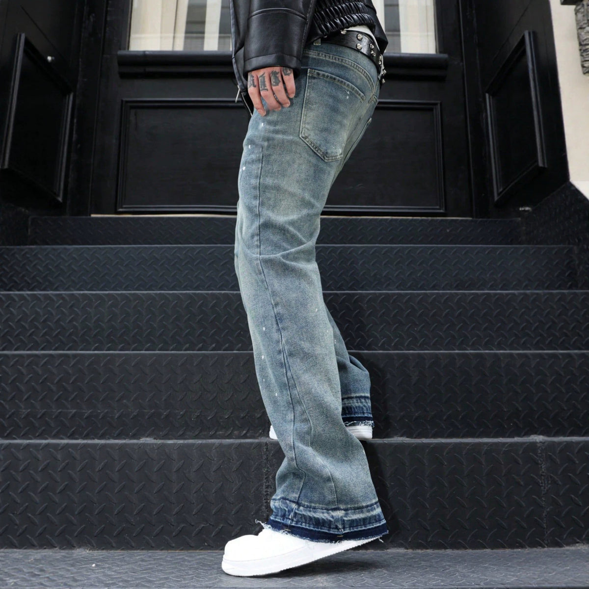 Retro Summer Washed Denim Pants for Men with Distressed Splatter Design, Fashionable Casual Trousers