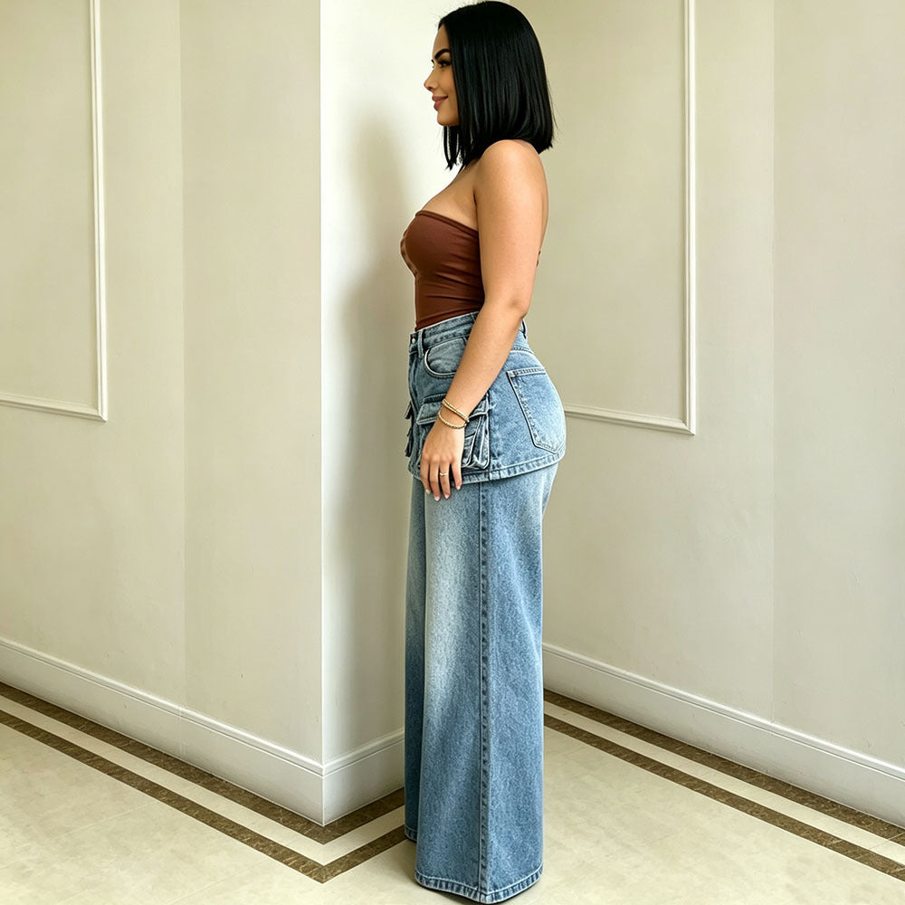 High-Waisted Wide-Leg Jeans for Women, Fashionable Multi-Pocket Faux Two-Piece Pants Skirt