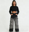 Women's Denim Cargo Pants Street Fashion Gradient Color Multi-Pocket Straight Leg Pants