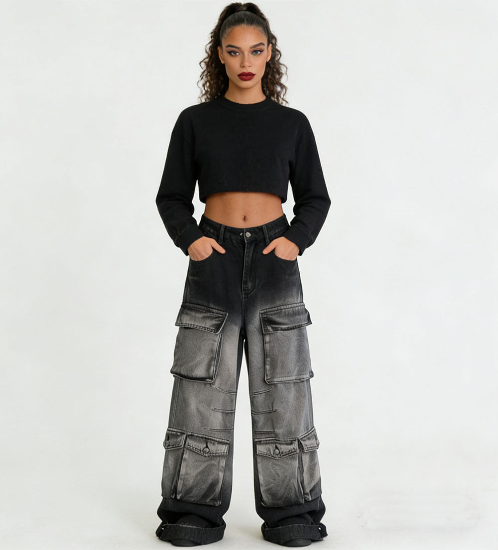 Women's Denim Cargo Pants Street Fashion Gradient Color Multi-Pocket Straight Leg Pants