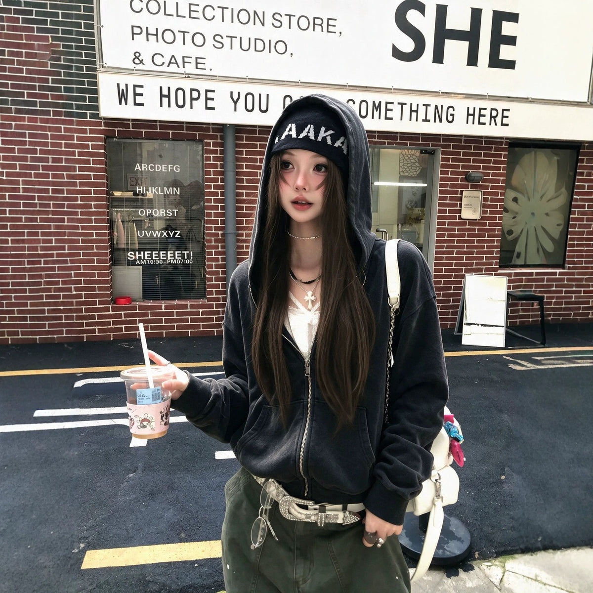 Washed Distressed Black Hooded Sweatshirt Jacket for Women