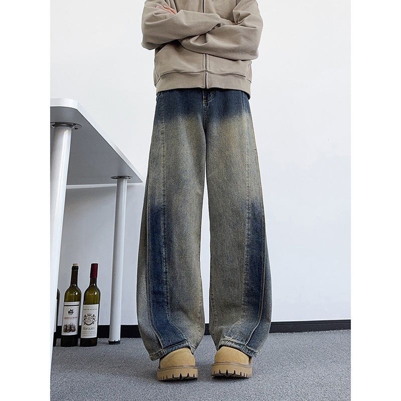 Casual Straight Leg Jeans for Men Heavyweight Washed Vintage Denim Pants