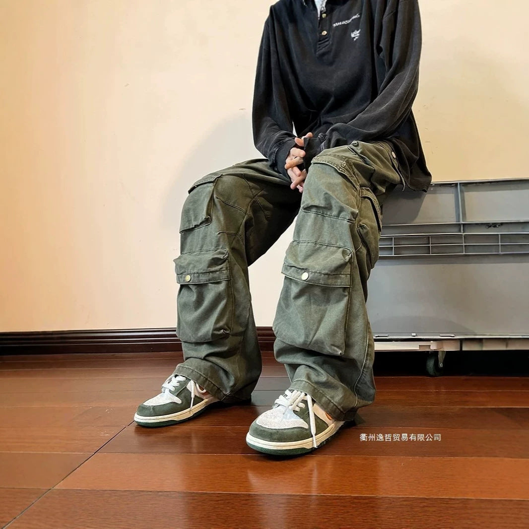 Heavy design sense, multi pocket workwear, straight leg long jeans, street style, loose and versatile casual wide leg pants