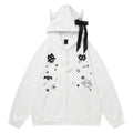 Hooded cardigan sweatshirt with black bow
