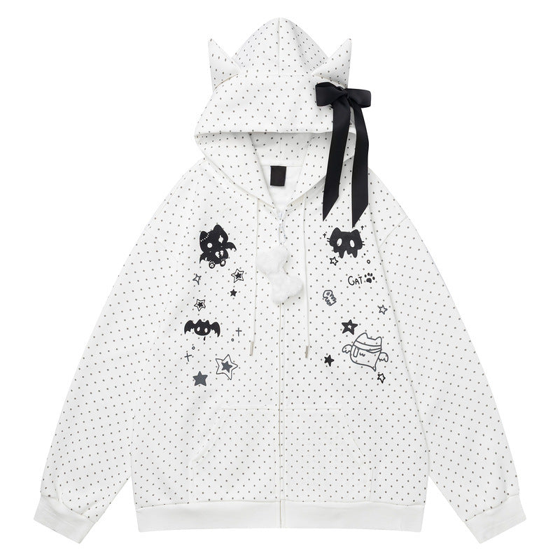 Hooded cardigan sweatshirt with black bow
