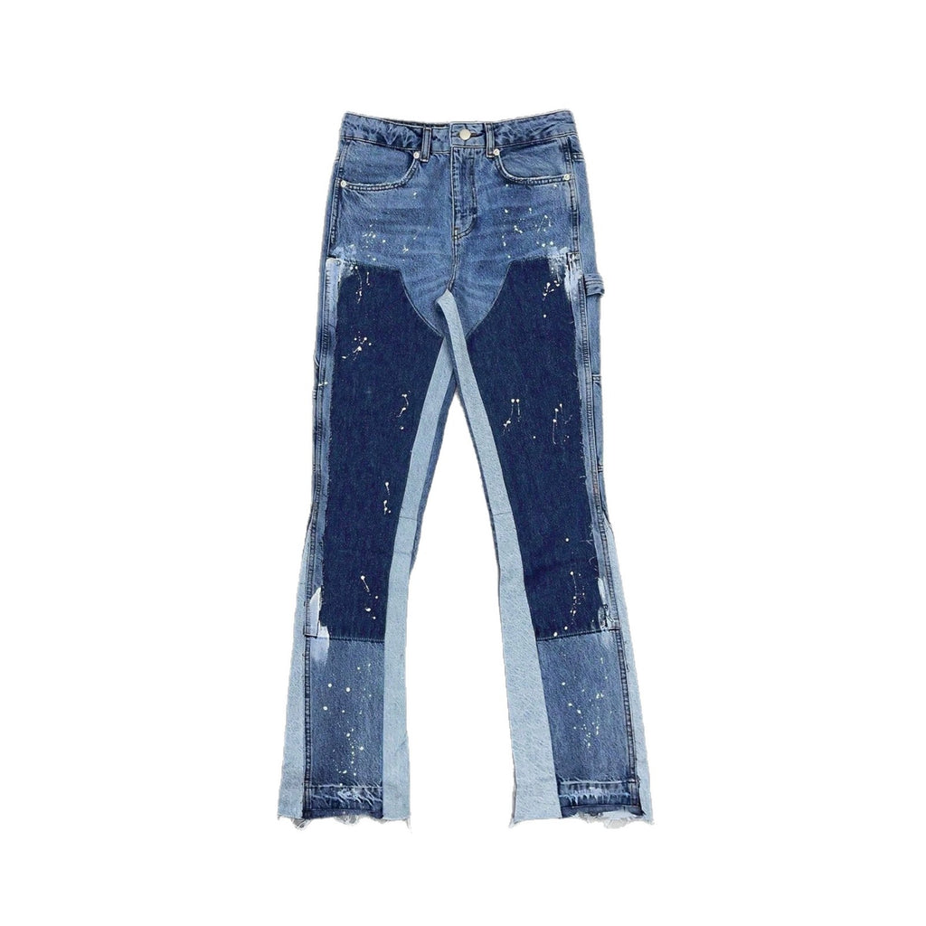 Workwear Denim Pants Men Straight Leg Layered Patchwork Stylish Casual Jeans