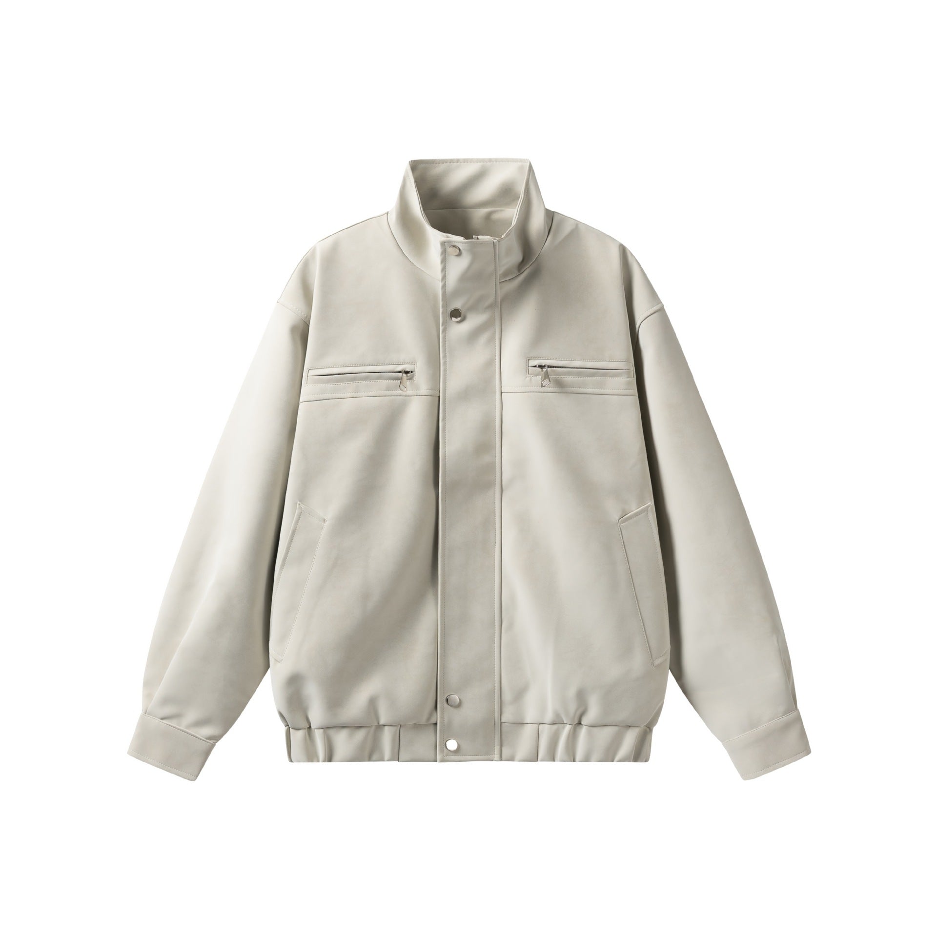 Loose Fit Stand Collar Workwear PU Leather Jacket