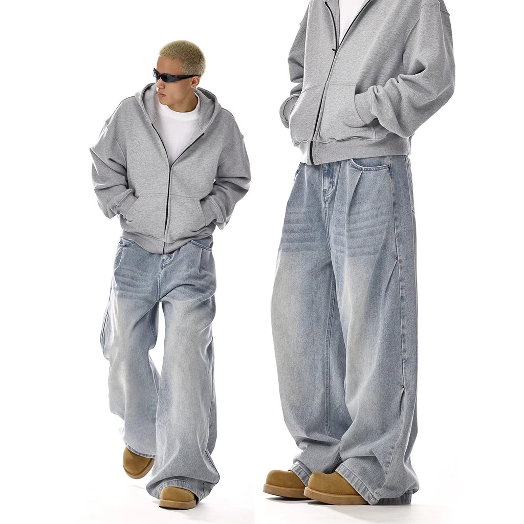 Retro Washed Clean Fit Denim Pants Men's Trendy High Street Straight Leg Versatile Loose Casual Wide Leg Long Pants