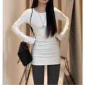 White Regular Shoulder Long Sleeve T-Shirt for Women, Spring Autumn Inner Wear, Mid-Length Basic Shirt, Butt-Covering, Slim Fit Top