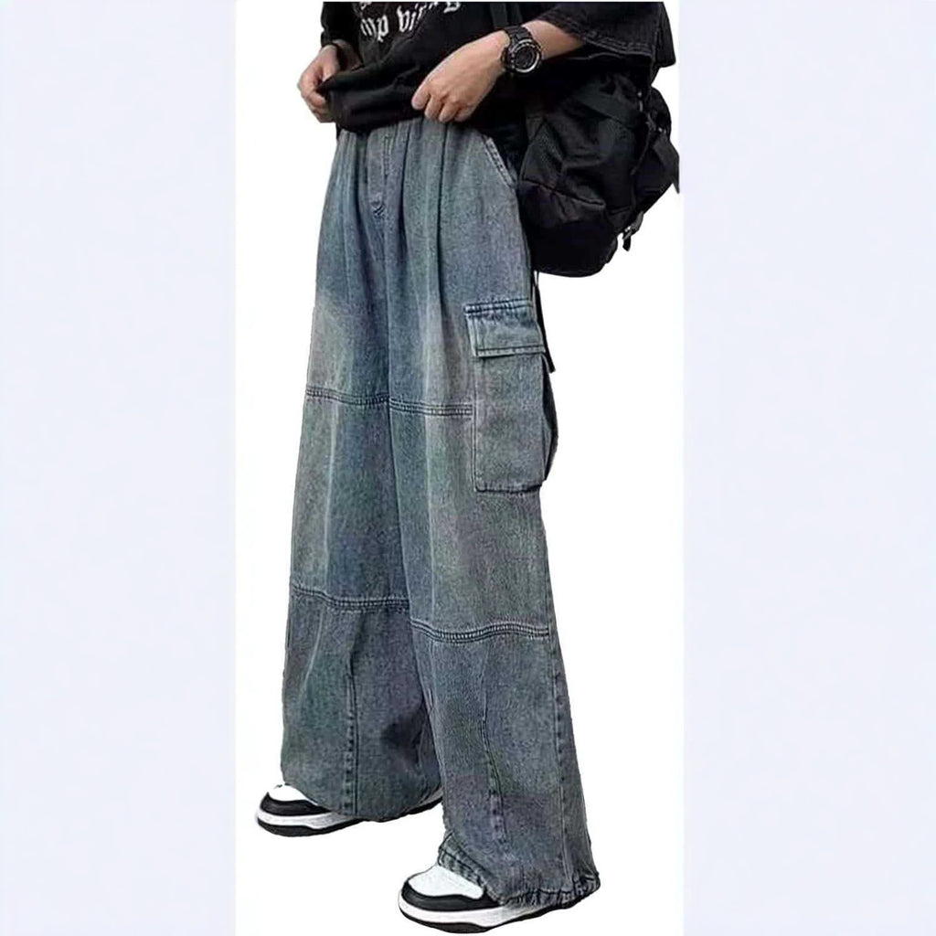 Casual Color-blocked Multi-pocket Loose Fit Men's Denim Pants Fashion Streetwear Style
