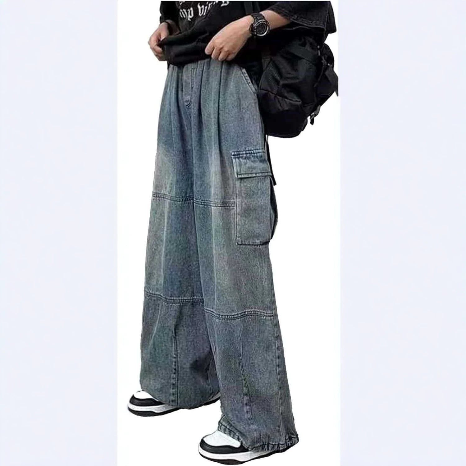 Casual Color-blocked Multi-pocket Loose Fit Men's Denim Pants Fashion Streetwear Style