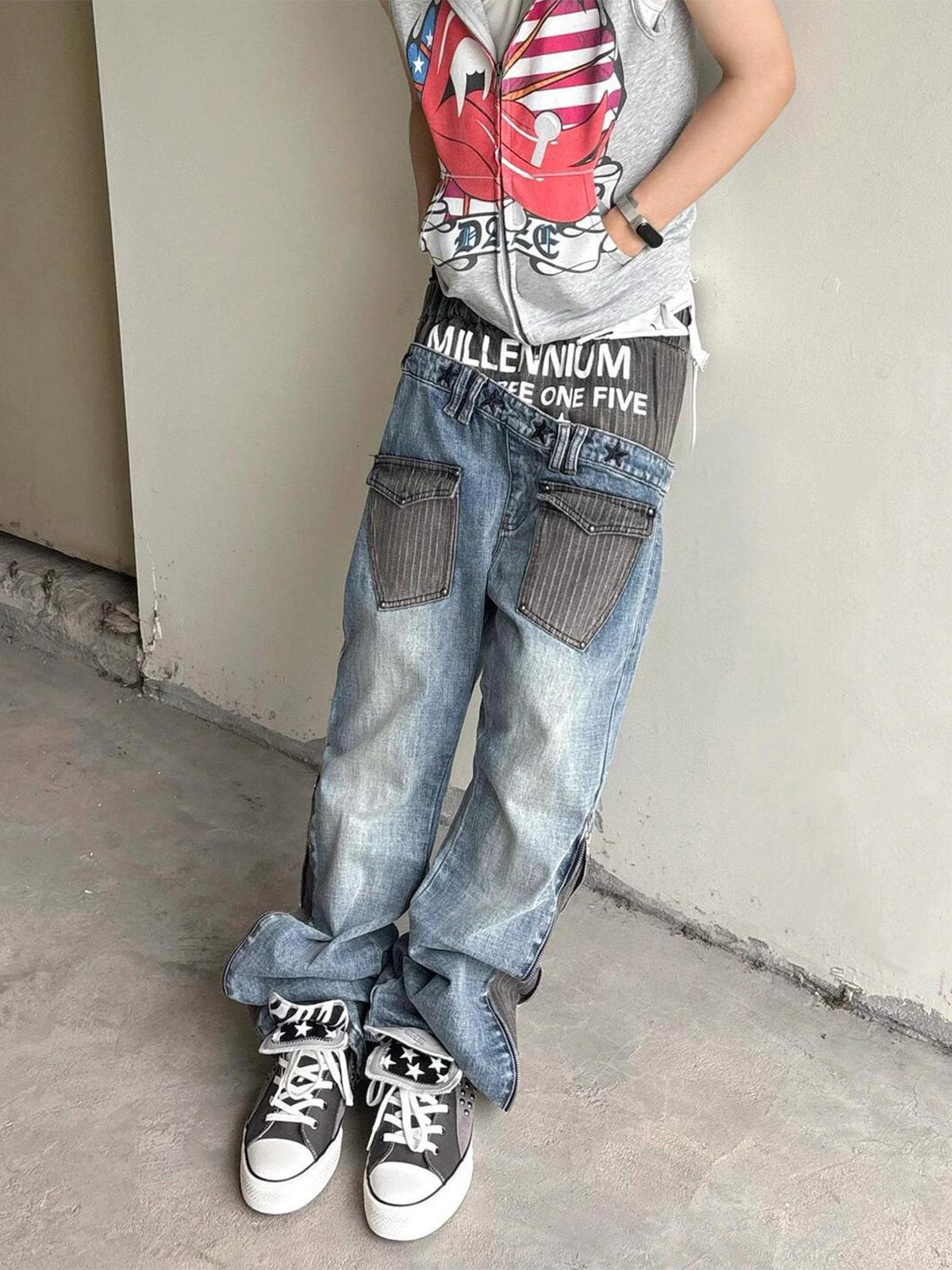 Fashion Street Dual-Pocket Color-Blocking Letter Design Men's Loose Baggy Straight-Leg Jeans Pants
