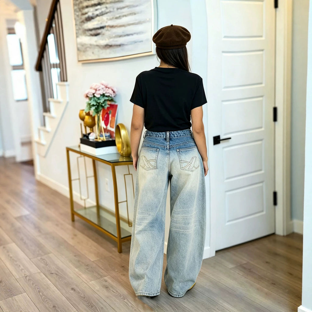 Faded Washed Gradient Catwhisker Denim Pants Fashion Vintage Style Bottoms