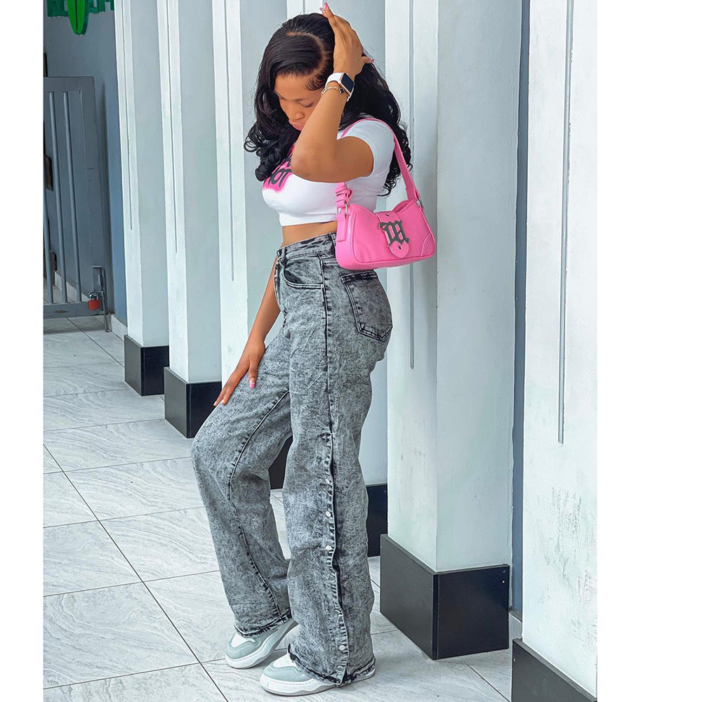 Women's Fashion High-Waisted Side Slit Single-Button Casual Jeans Pants