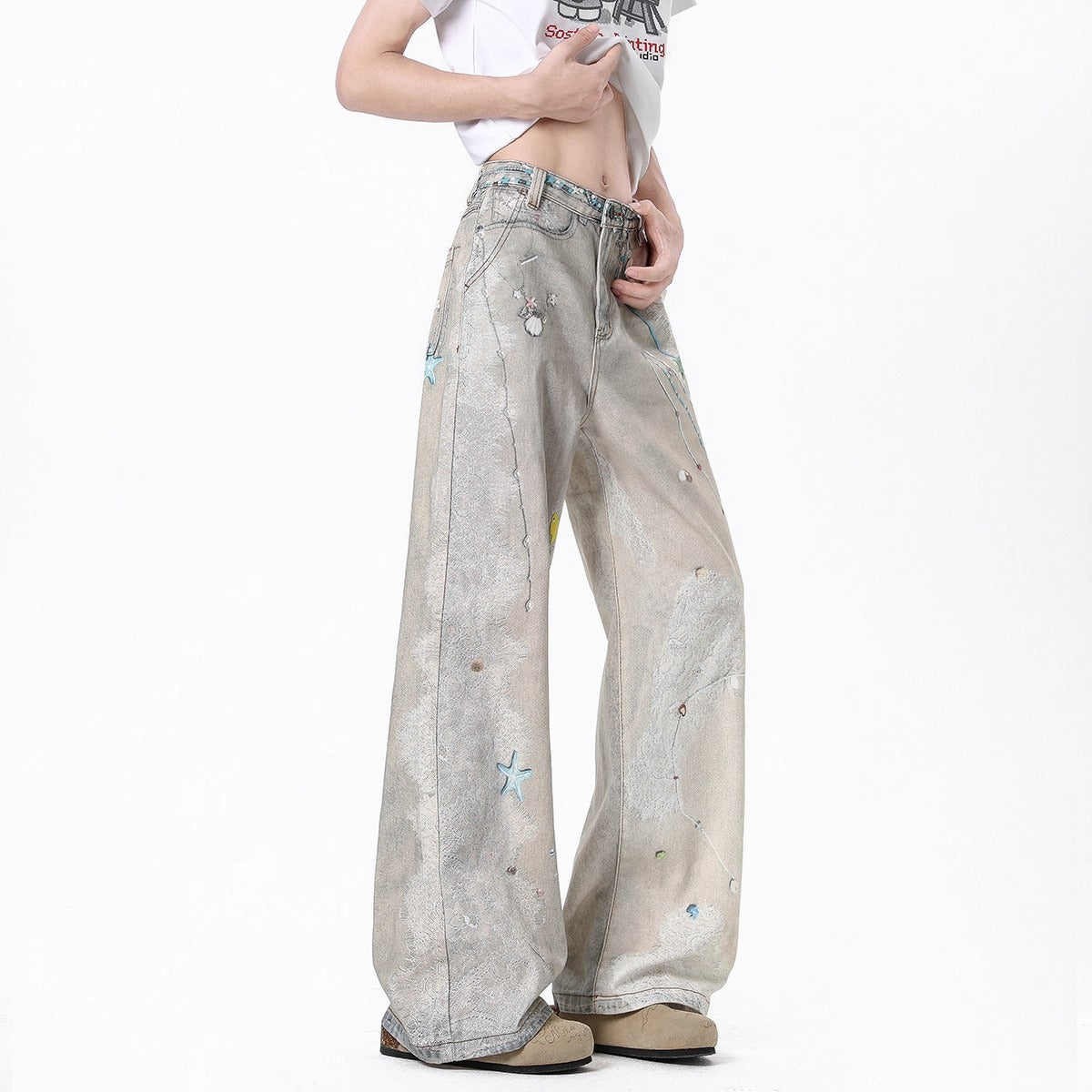 Chains Lace Print Denim Pants Men Summer Splatter Design Distressed Straight Leg Slim Fit Versatile Wide Leg Floor Length Trousers