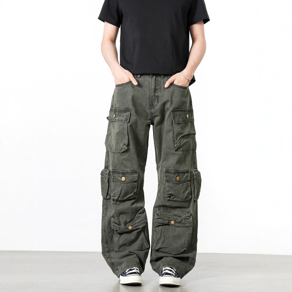 Heavy design sense, multi pocket workwear, straight leg long jeans, street style, loose and versatile casual wide leg pants