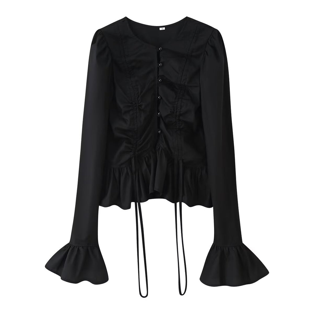 Lace up drawstring embellished trumpet long sleeved top